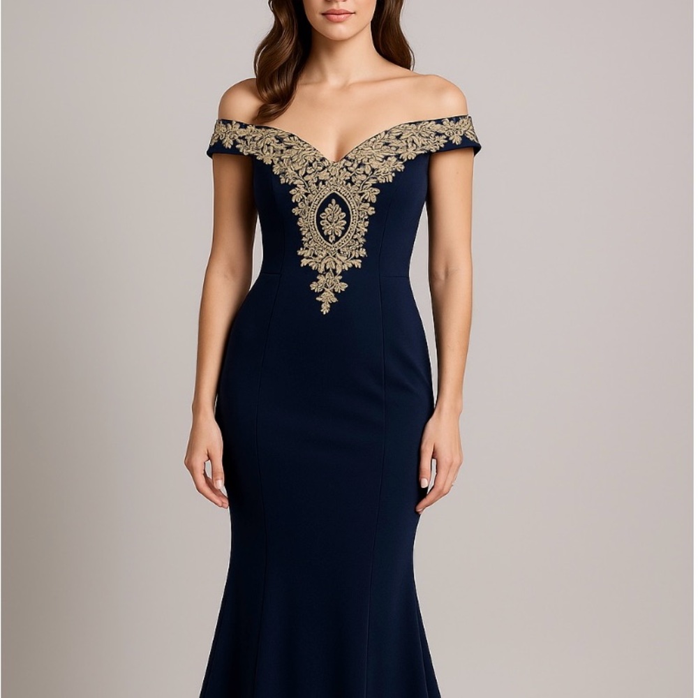 Elegant Navy Blue Off-Shoulder Dress with Gold Embroidery